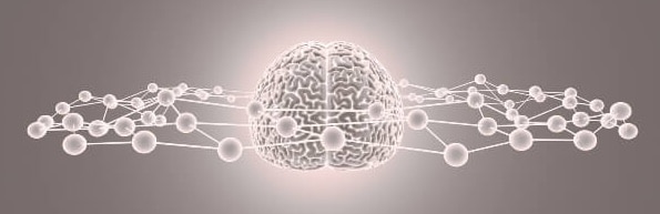 Gehirn mit umgebenden Knotenpunkten als Symbol für neuronale Netzwerke